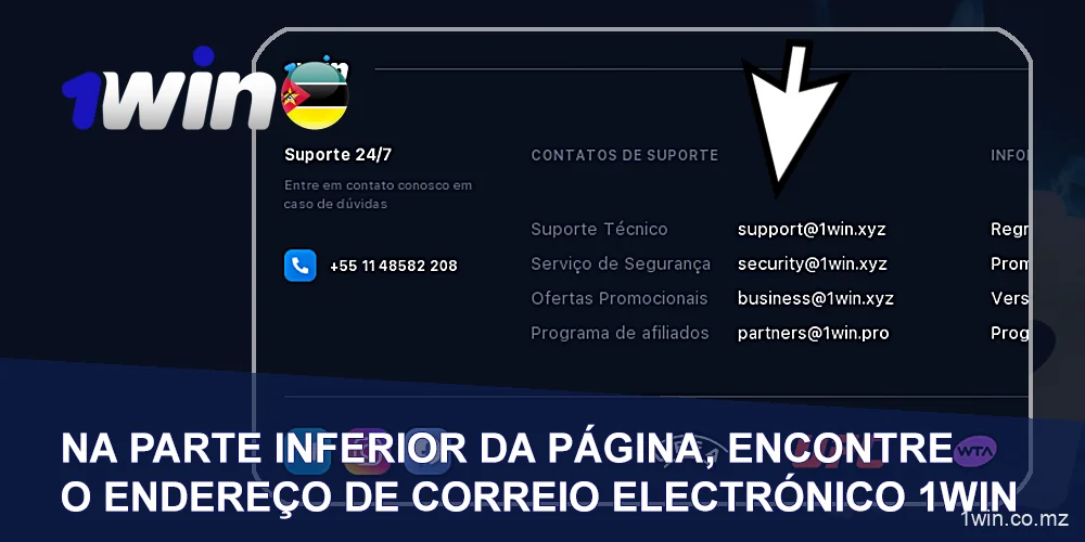 Na parte inferior do site está o endereço de e-mail 1win