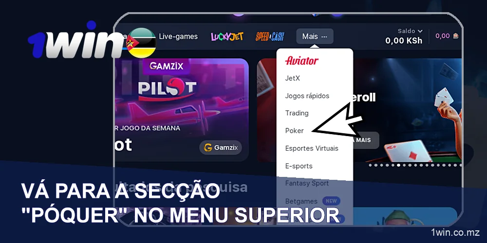 Seleccione Póquer no menu pendente 1Win