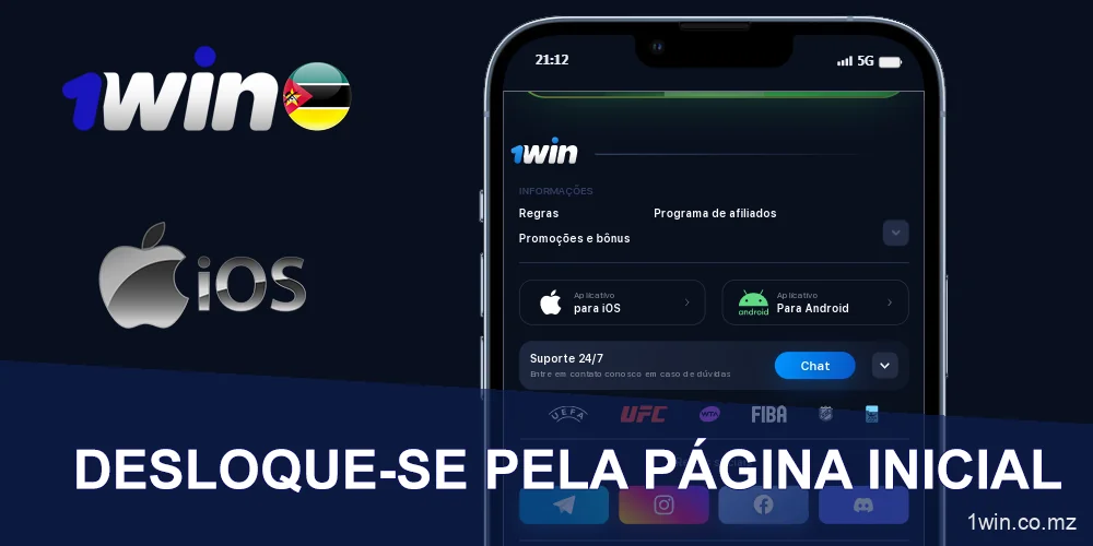 Encontre o botão da aplicação iOS no sítio Web da 1win