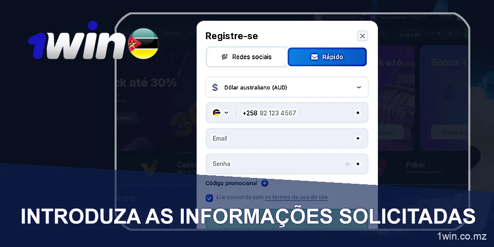 Preencha os seus dados no formulário 1Win