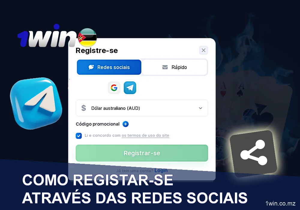 Registo nas redes sociais 1win