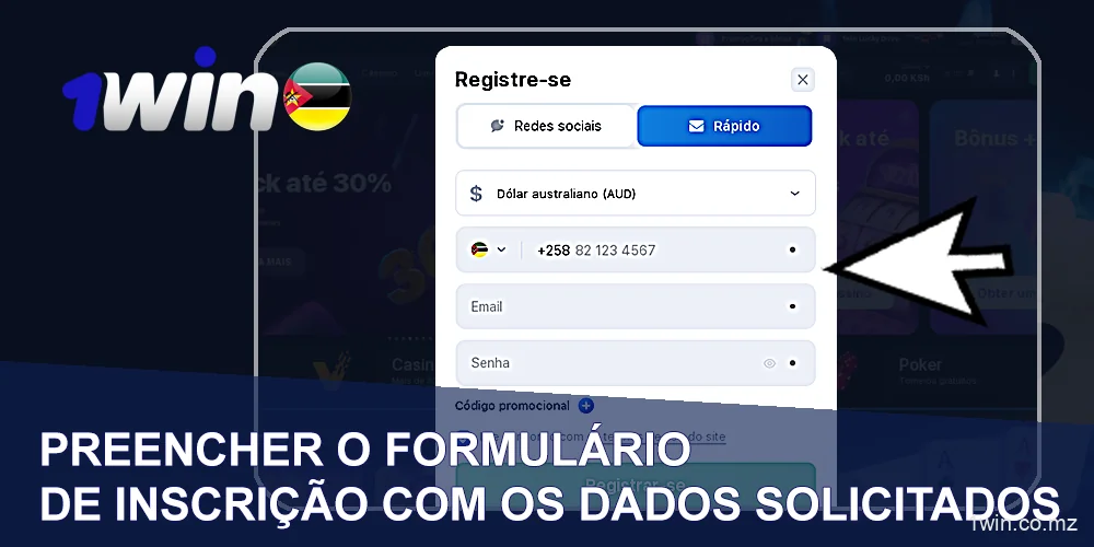 Preencher o formulário de registo 1WIN