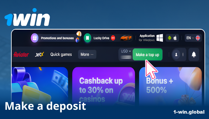 Go to cashier tab on 1win and select payment method