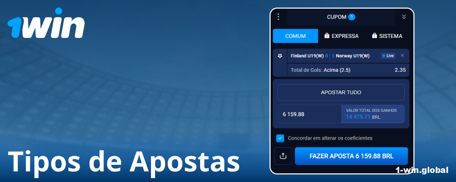 Tipos de apostas disponíveis no 1Win Brasil